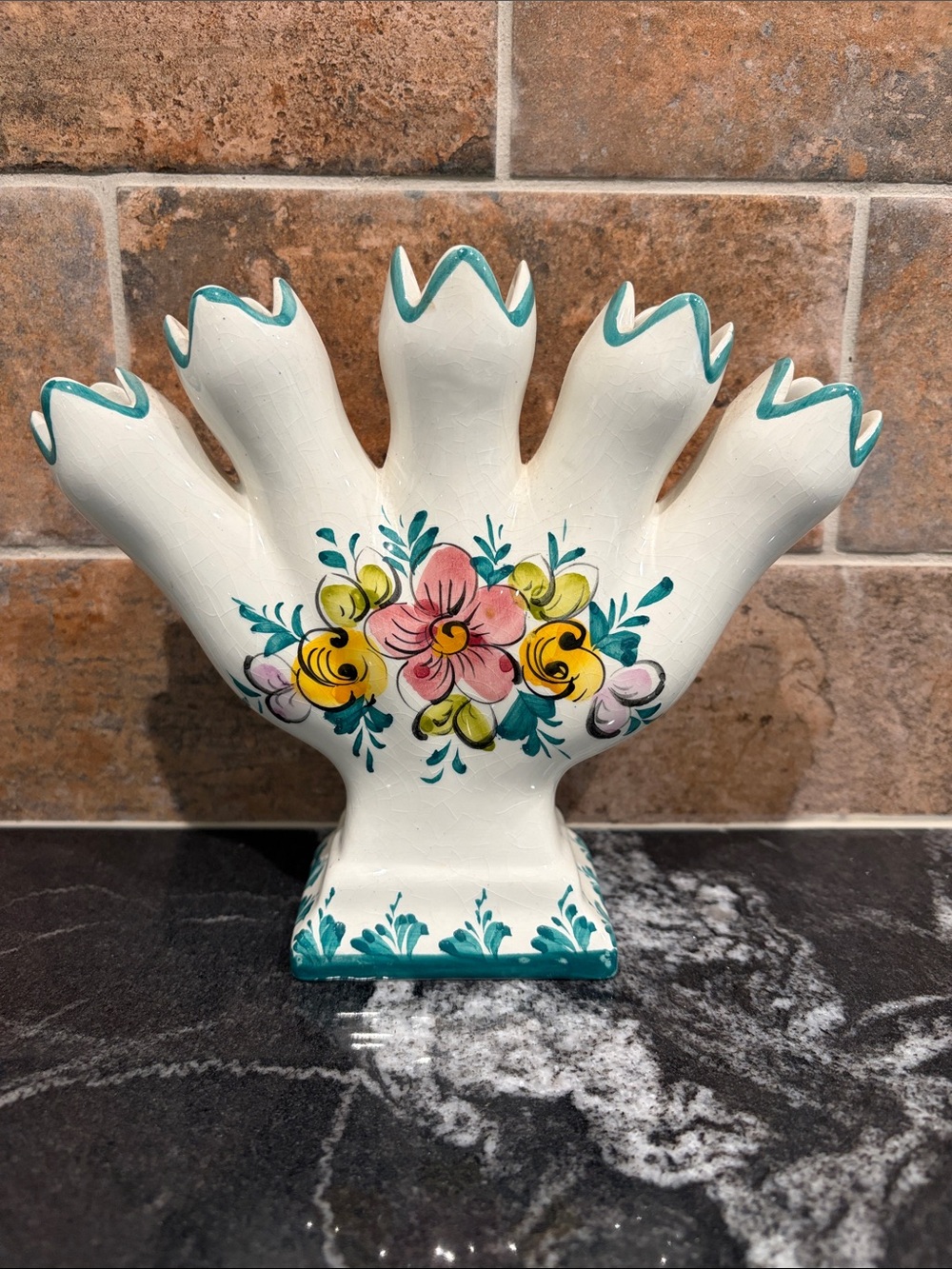 Elpa Alcobaca 5 Finger Hand-Painted Ceramic Floral Vase - made in Portugal